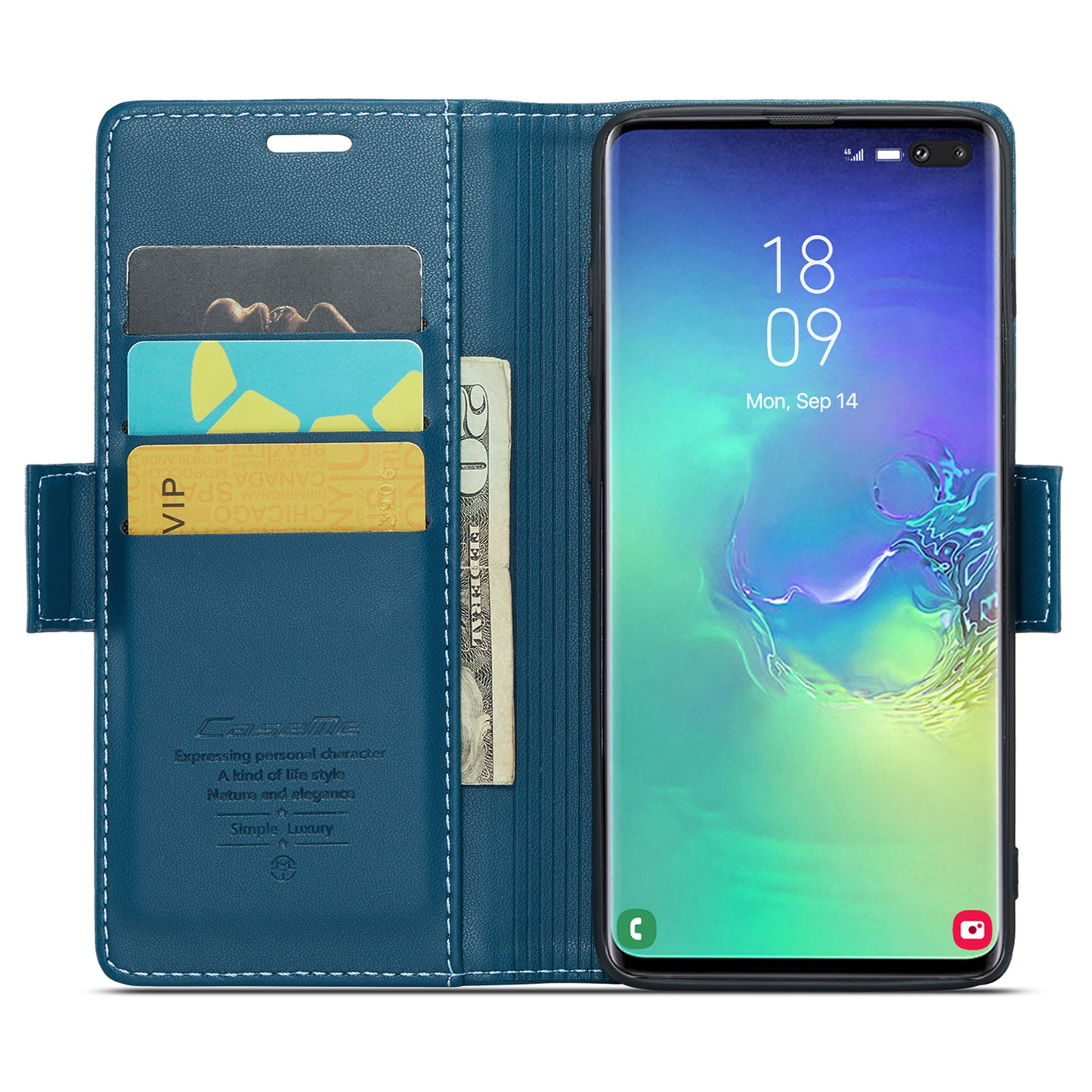 Caseme 023 Series For Samsung Galaxy S10 Plus RFID Blocking Leather Case Wallet Stand Phone Cover - Blue