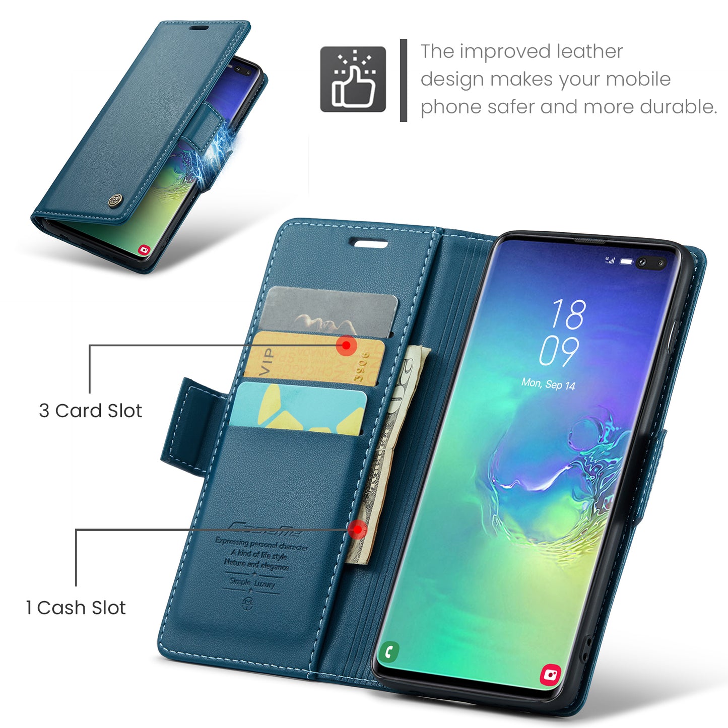 Caseme 023 Series For Samsung Galaxy S10 Plus RFID Blocking Leather Case Wallet Stand Phone Cover - Blue