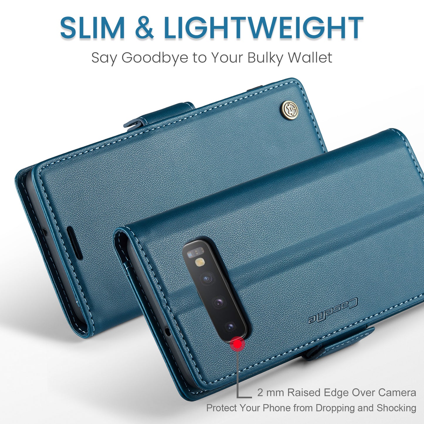 Caseme 023 Series For Samsung Galaxy S10 Plus RFID Blocking Leather Case Wallet Stand Phone Cover - Blue