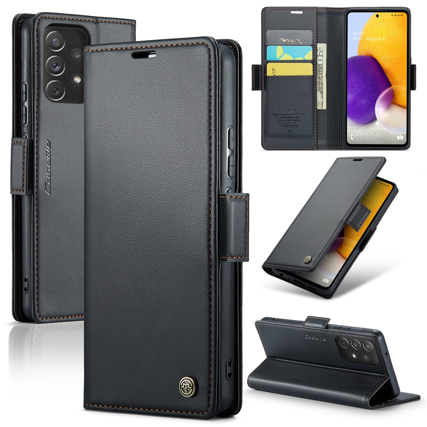 Caseme 023 Series For Samsung Galaxy A72 4G / 5G RFID Blocking Phone Leather Case Wallet Stand Cover - Black