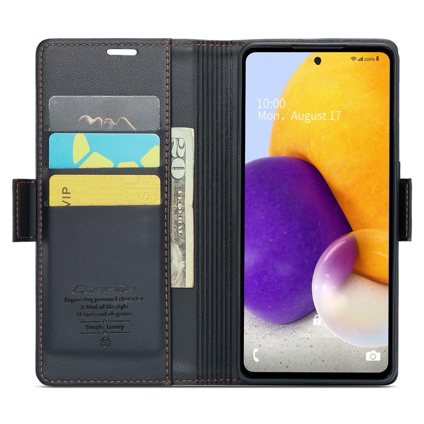 Caseme 023 Series For Samsung Galaxy A72 4G / 5G RFID Blocking Phone Leather Case Wallet Stand Cover - Black