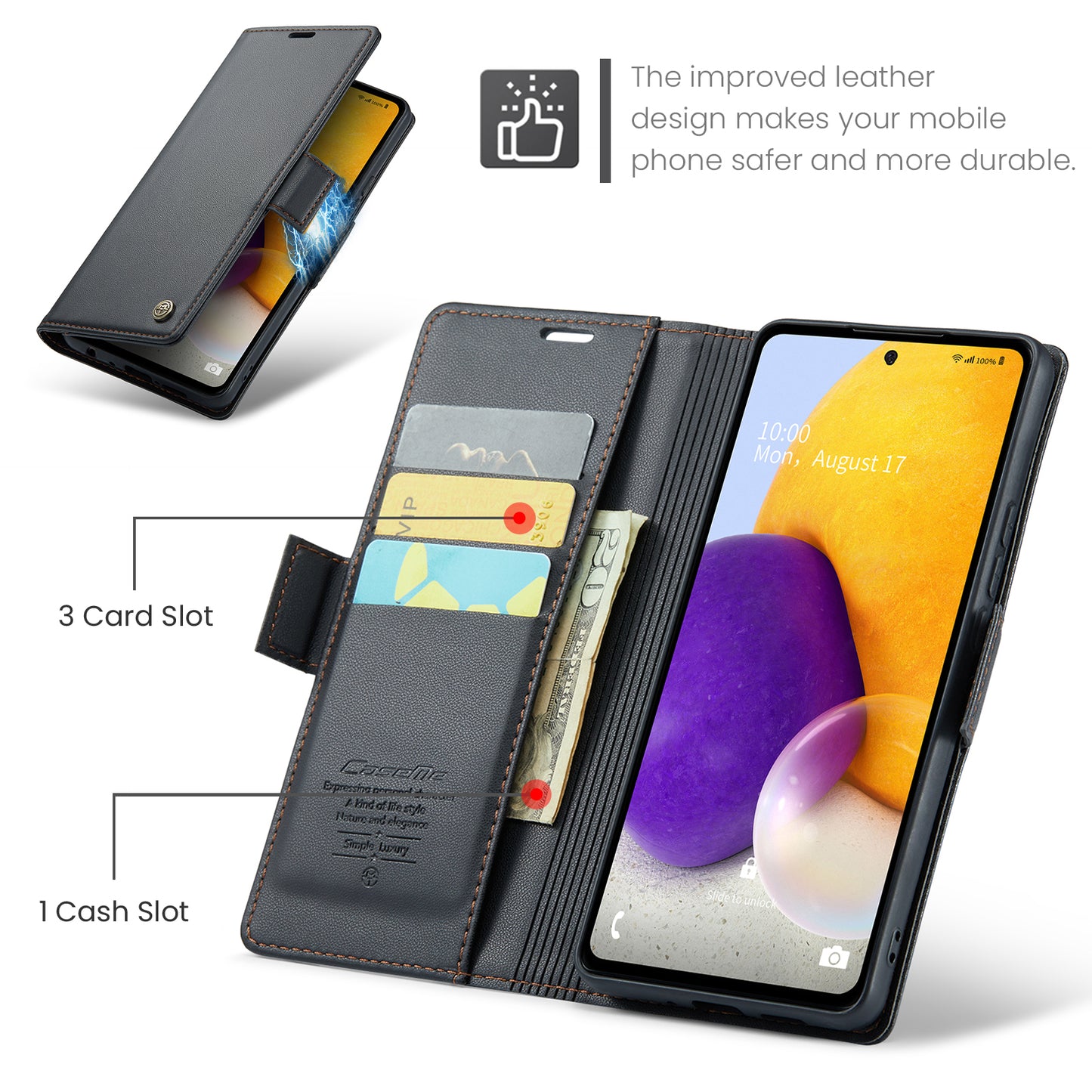 Caseme 023 Series For Samsung Galaxy A72 4G / 5G RFID Blocking Phone Leather Case Wallet Stand Cover - Black