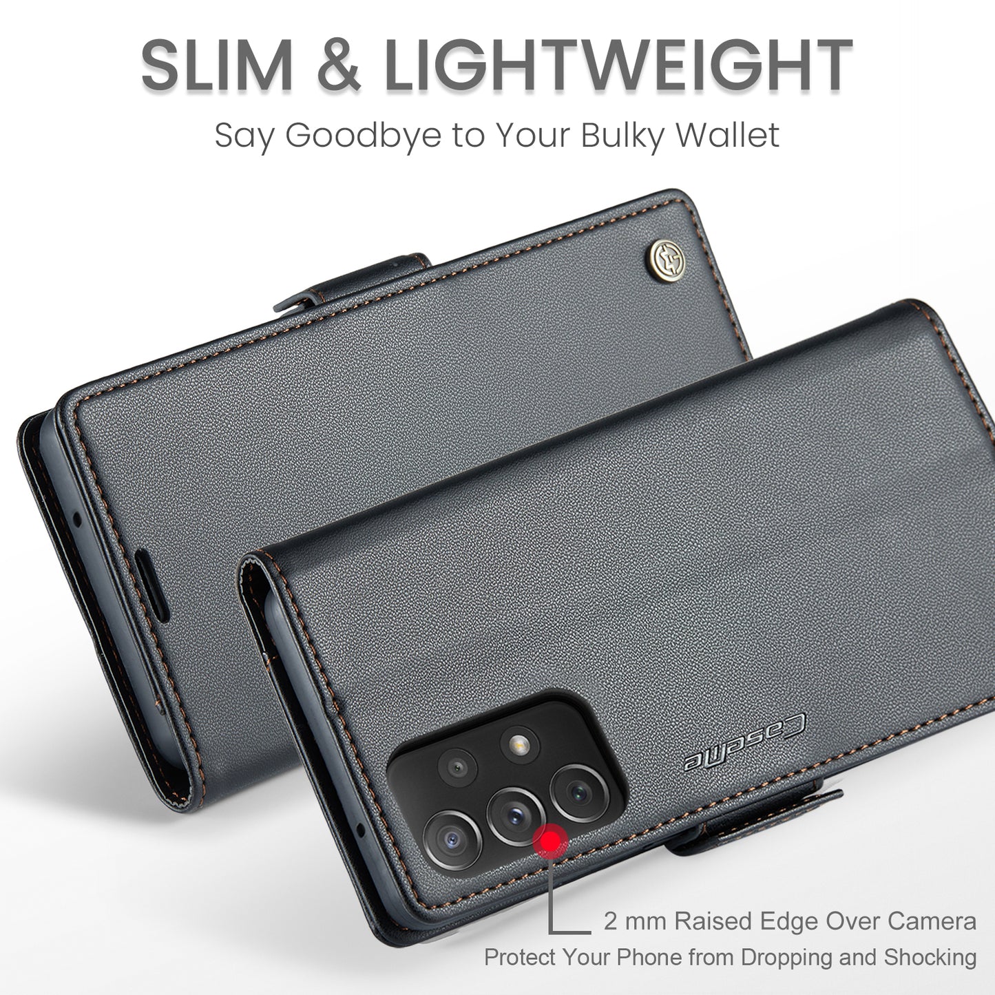 Caseme 023 Series For Samsung Galaxy A72 4G / 5G RFID Blocking Phone Leather Case Wallet Stand Cover - Black