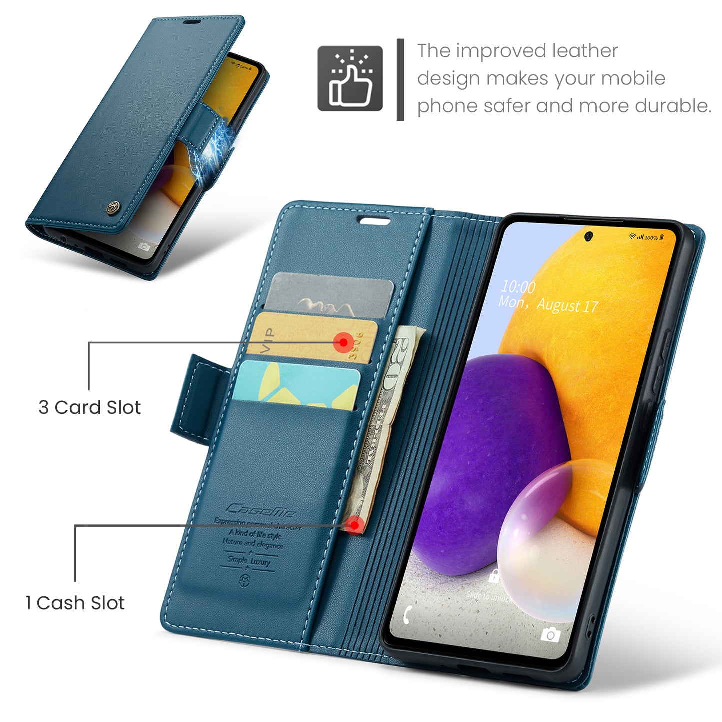 Caseme 023 Series For Samsung Galaxy A72 4G / 5G RFID Blocking Phone Leather Case Wallet Stand Cover - Blue