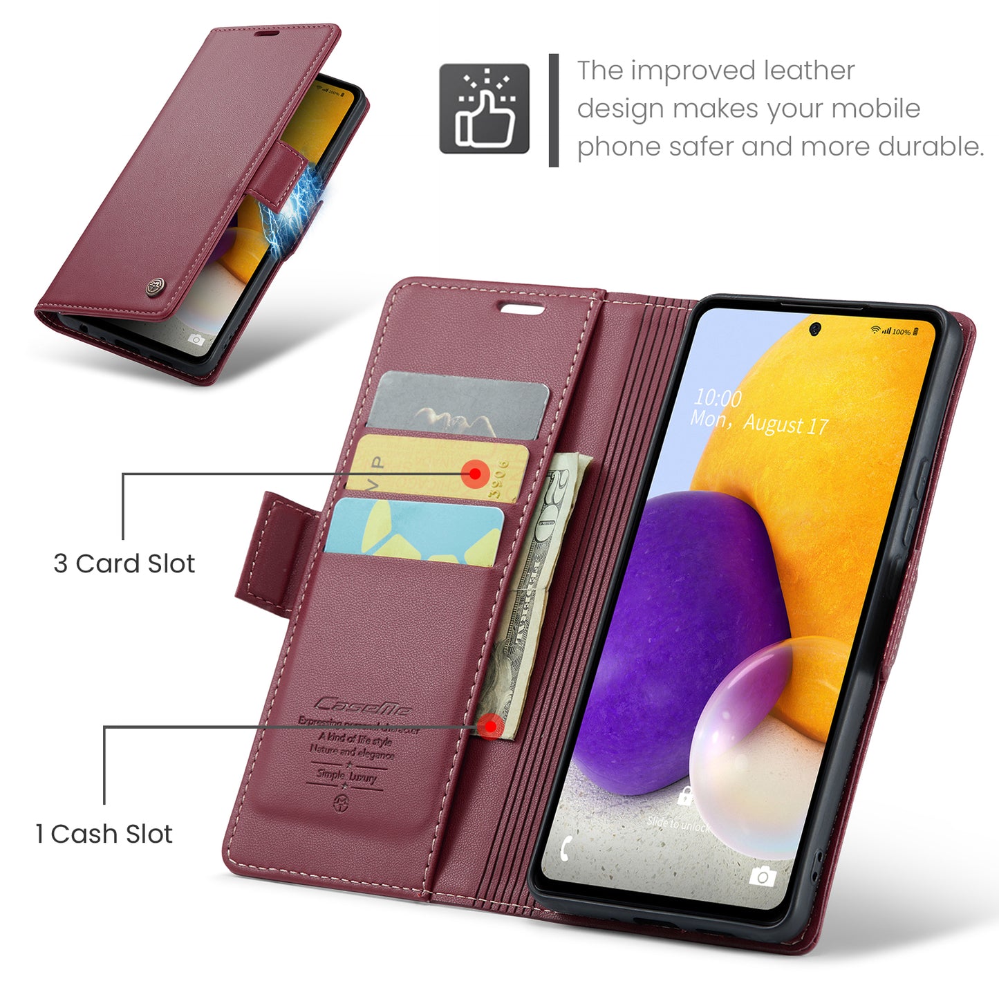 Caseme 023 Series For Samsung Galaxy A72 4G / 5G RFID Blocking Phone Leather Case Wallet Stand Cover - Red