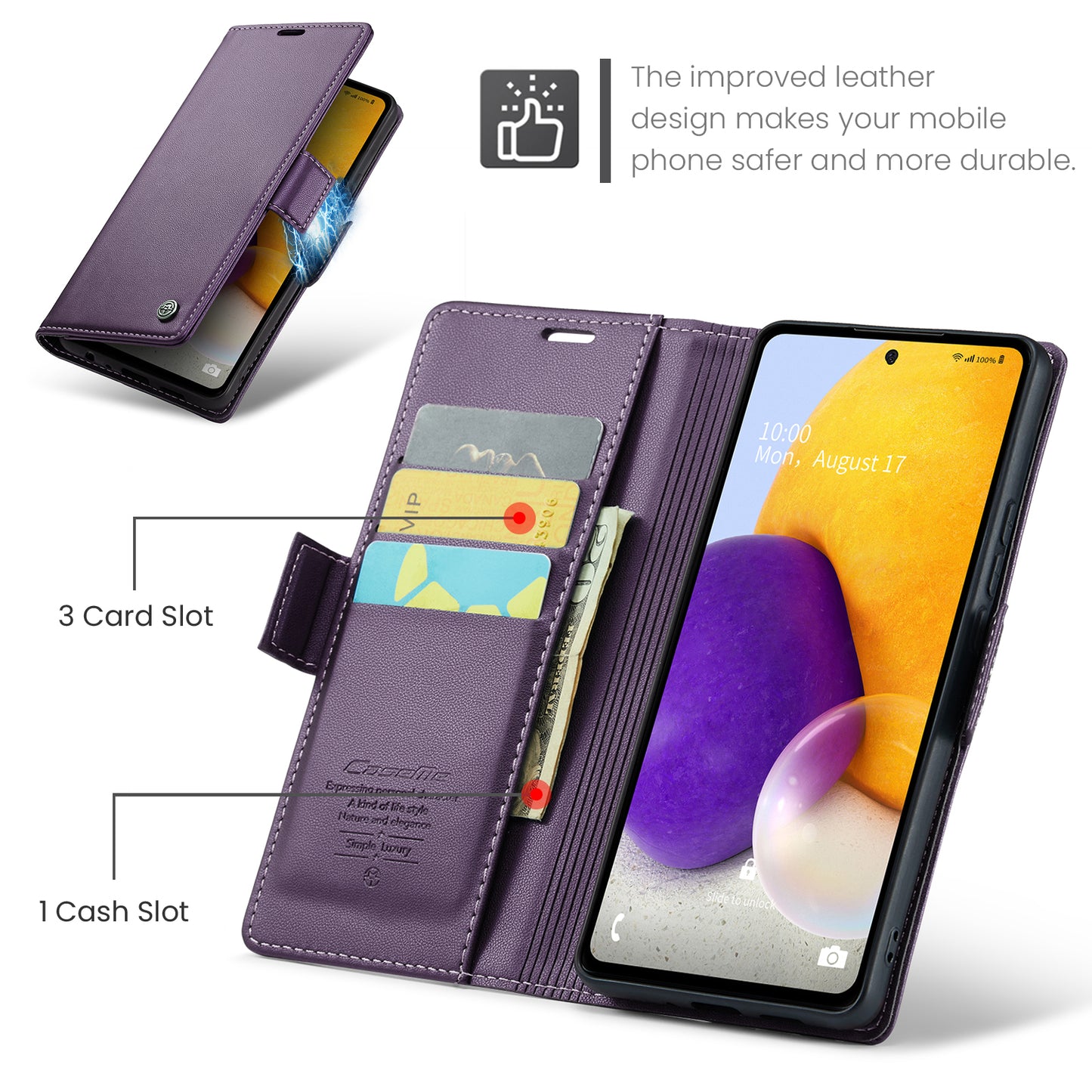 Caseme 023 Series For Samsung Galaxy A72 4G / 5G RFID Blocking Phone Leather Case Wallet Stand Cover - Purple