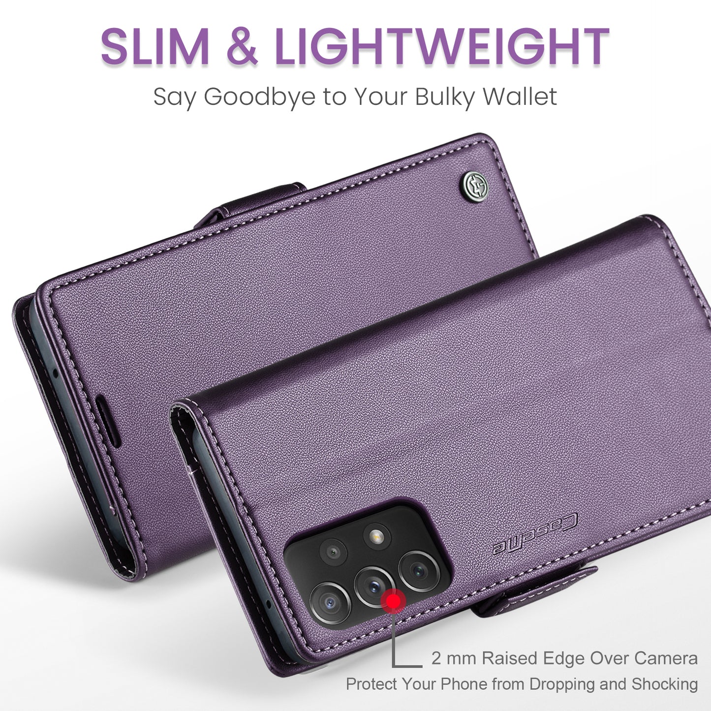Caseme 023 Series For Samsung Galaxy A72 4G / 5G RFID Blocking Phone Leather Case Wallet Stand Cover - Purple