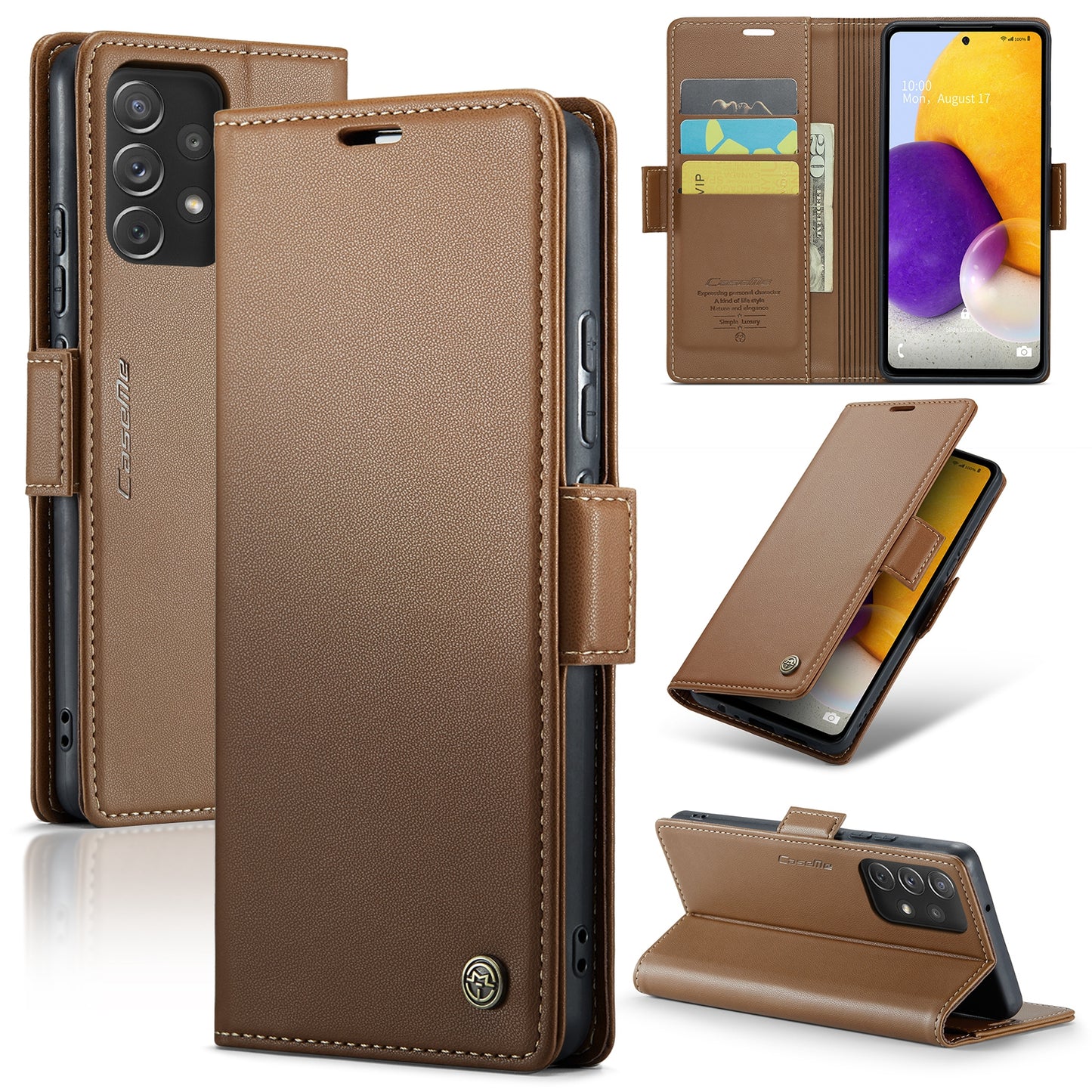 Caseme 023 Series For Samsung Galaxy A72 4G / 5G RFID Blocking Phone Leather Case Wallet Stand Cover - Brown
