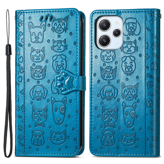 Uniqkart for Xiaomi Redmi 12 4G PU Leather Imprinted Cat Dog Case Flip Stand Wallet Phone Cover - Blue