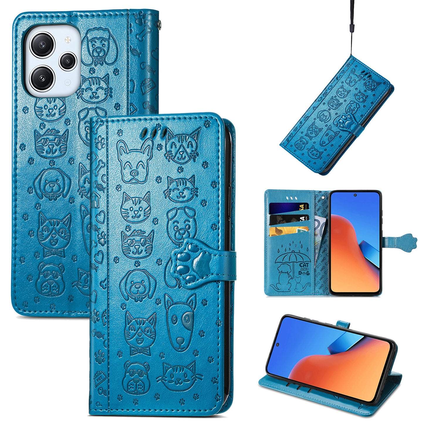 Uniqkart for Xiaomi Redmi 12 4G PU Leather Imprinted Cat Dog Case Flip Stand Wallet Phone Cover - Blue