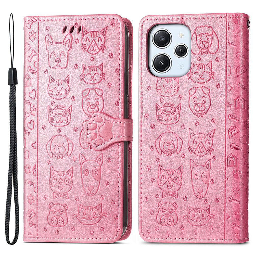 Uniqkart for Xiaomi Redmi 12 4G PU Leather Imprinted Cat Dog Case Flip Stand Wallet Phone Cover - Pink
