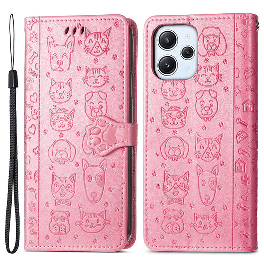 Uniqkart for Xiaomi Redmi 12 4G PU Leather Imprinted Cat Dog Case Flip Stand Wallet Phone Cover - Pink
