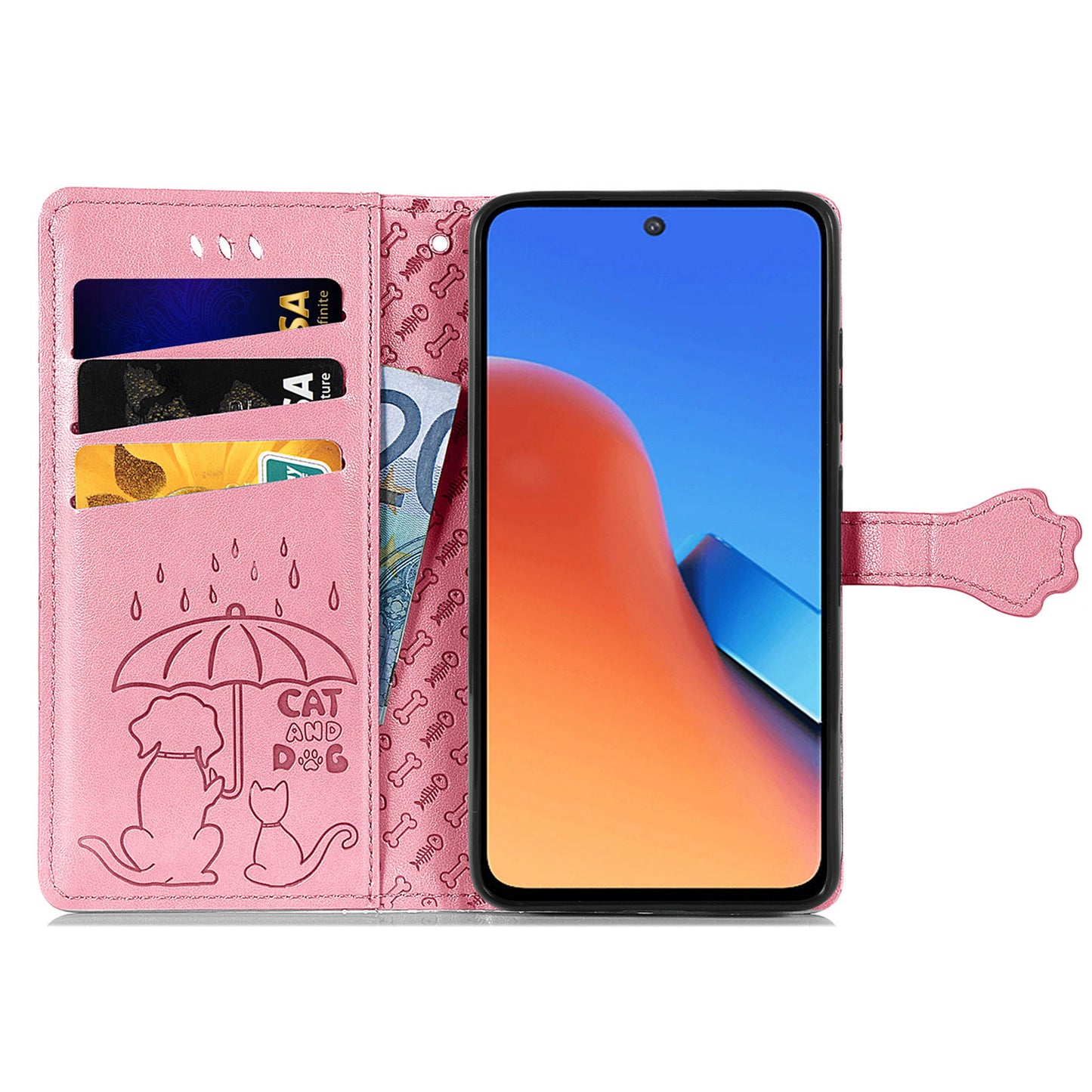 Uniqkart for Xiaomi Redmi 12 4G PU Leather Imprinted Cat Dog Case Flip Stand Wallet Phone Cover - Pink