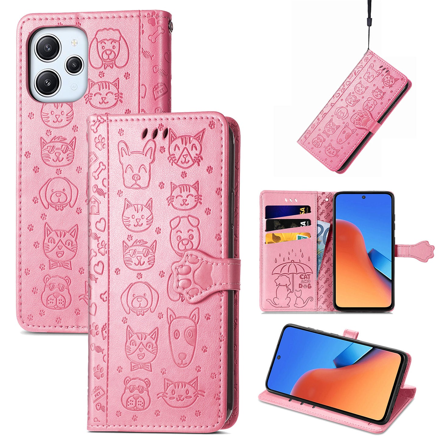 Uniqkart for Xiaomi Redmi 12 4G PU Leather Imprinted Cat Dog Case Flip Stand Wallet Phone Cover - Pink