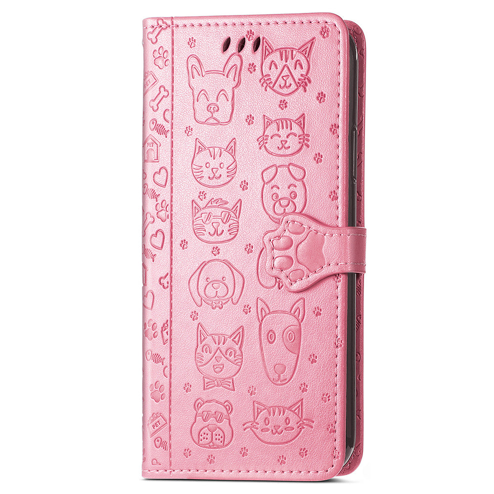 Uniqkart for Xiaomi Redmi 12 4G PU Leather Imprinted Cat Dog Case Flip Stand Wallet Phone Cover - Pink