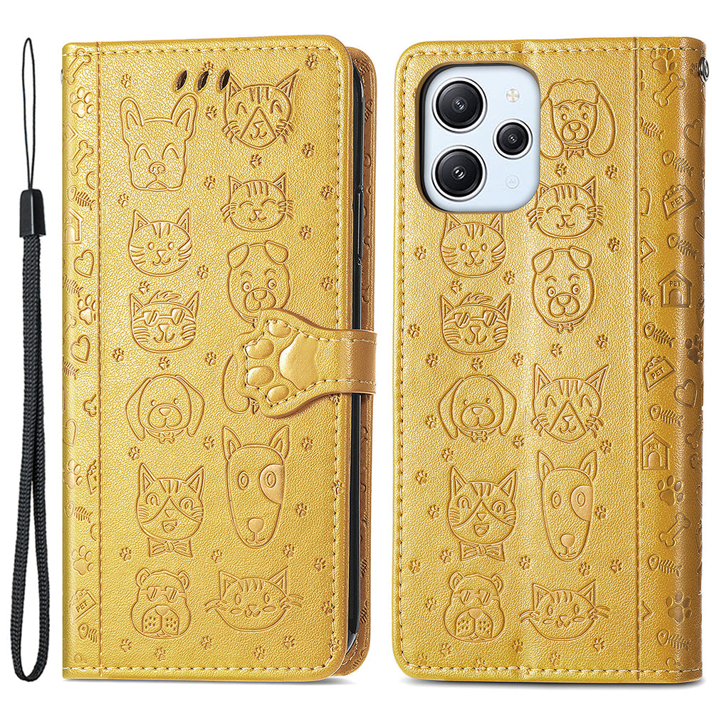 Uniqkart for Xiaomi Redmi 12 4G PU Leather Imprinted Cat Dog Case Flip Stand Wallet Phone Cover - Yellow