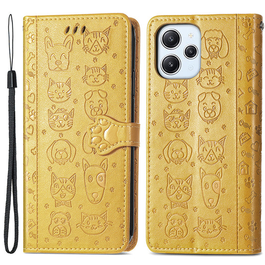 Uniqkart for Xiaomi Redmi 12 4G PU Leather Imprinted Cat Dog Case Flip Stand Wallet Phone Cover - Yellow