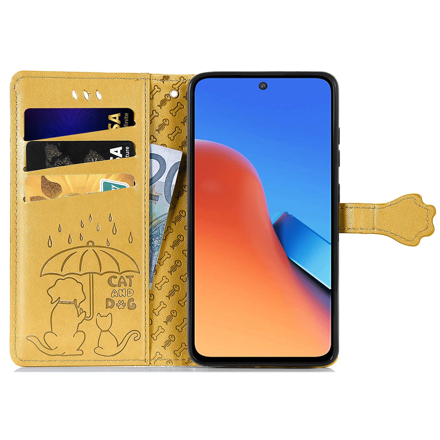 Uniqkart for Xiaomi Redmi 12 4G PU Leather Imprinted Cat Dog Case Flip Stand Wallet Phone Cover - Yellow