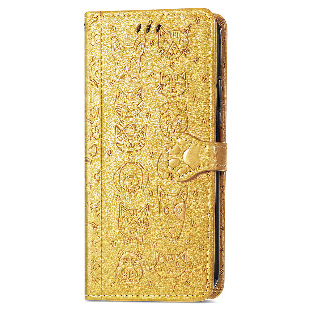 Uniqkart for Xiaomi Redmi 12 4G PU Leather Imprinted Cat Dog Case Flip Stand Wallet Phone Cover - Yellow