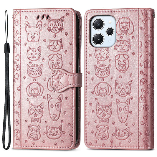 Uniqkart for Xiaomi Redmi 12 4G PU Leather Imprinted Cat Dog Case Flip Stand Wallet Phone Cover - Rose Gold