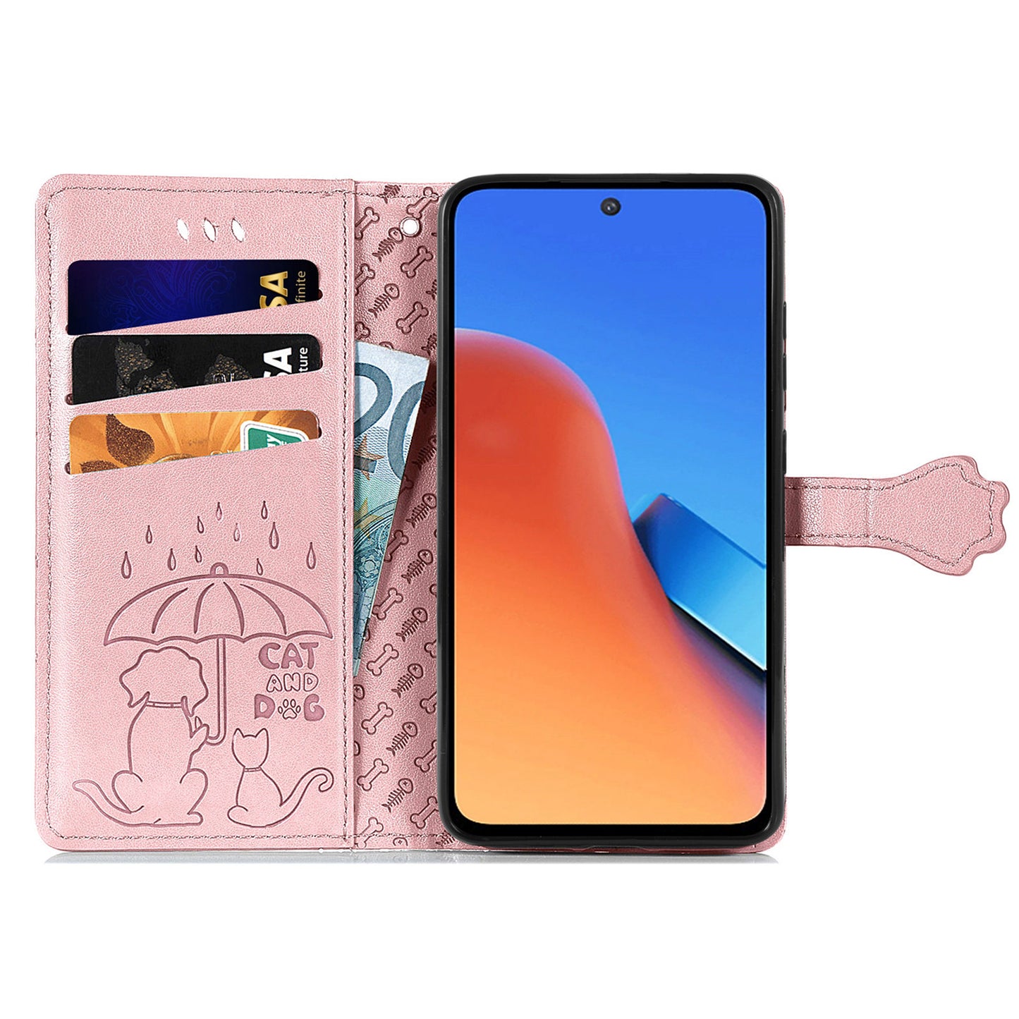 Uniqkart for Xiaomi Redmi 12 4G PU Leather Imprinted Cat Dog Case Flip Stand Wallet Phone Cover - Rose Gold