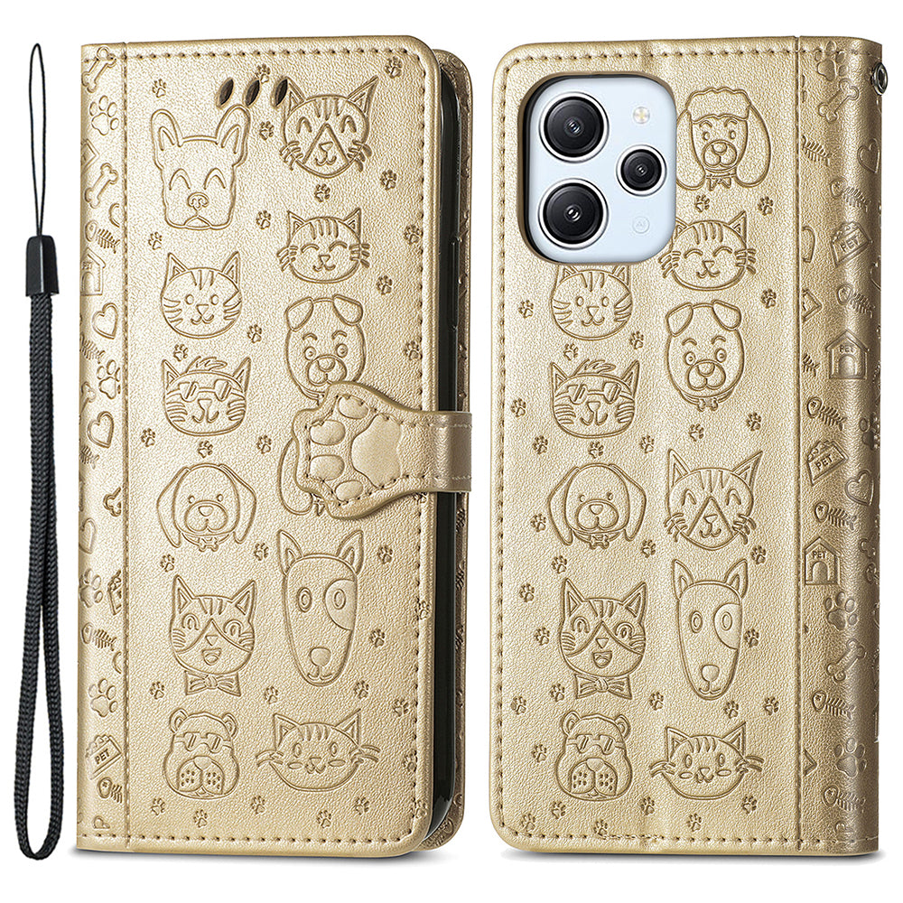 Uniqkart for Xiaomi Redmi 12 4G PU Leather Imprinted Cat Dog Case Flip Stand Wallet Phone Cover - Gold