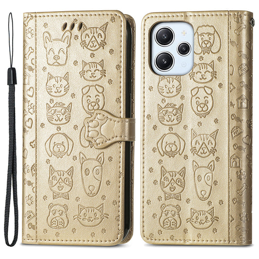 Uniqkart for Xiaomi Redmi 12 4G PU Leather Imprinted Cat Dog Case Flip Stand Wallet Phone Cover - Gold