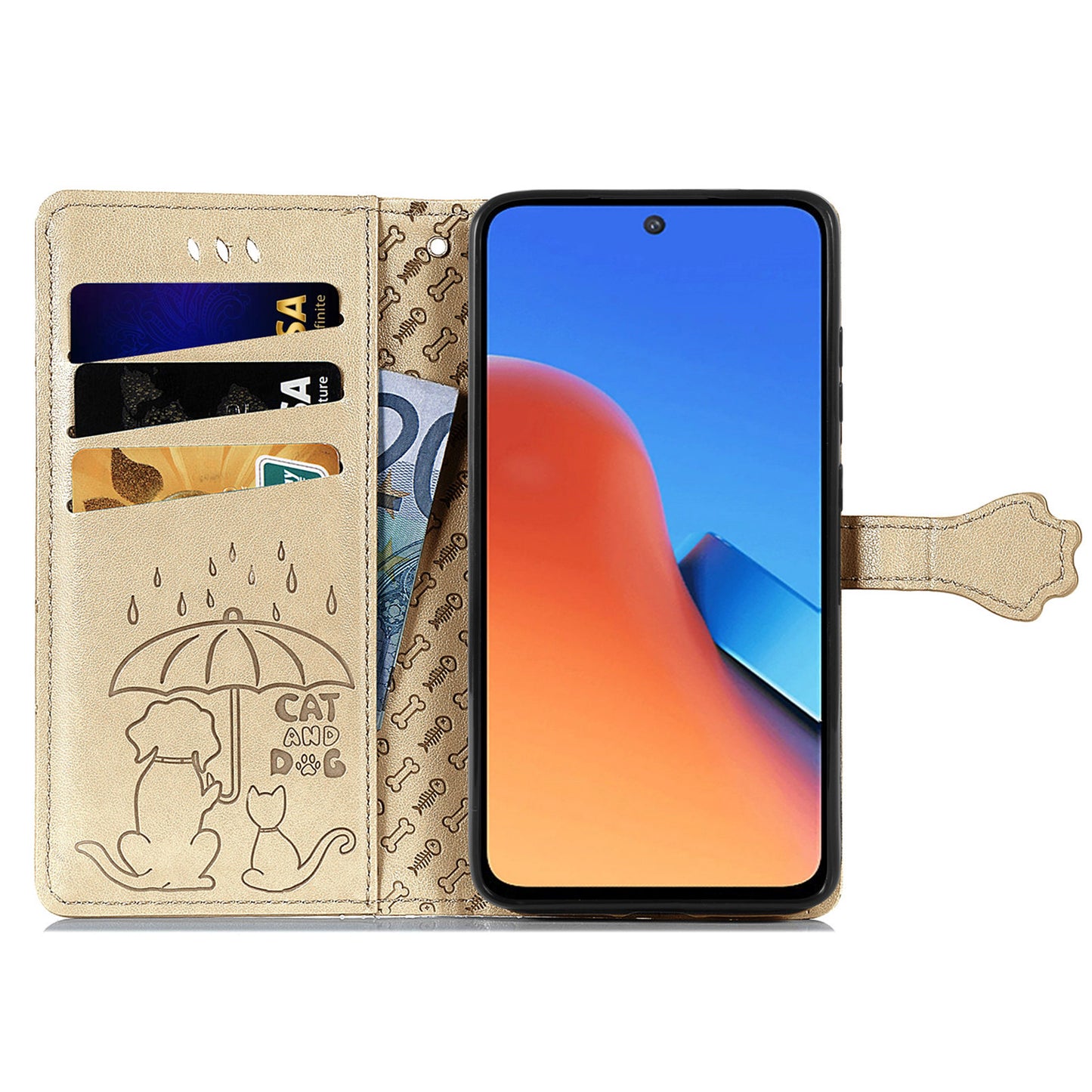 Uniqkart for Xiaomi Redmi 12 4G PU Leather Imprinted Cat Dog Case Flip Stand Wallet Phone Cover - Gold