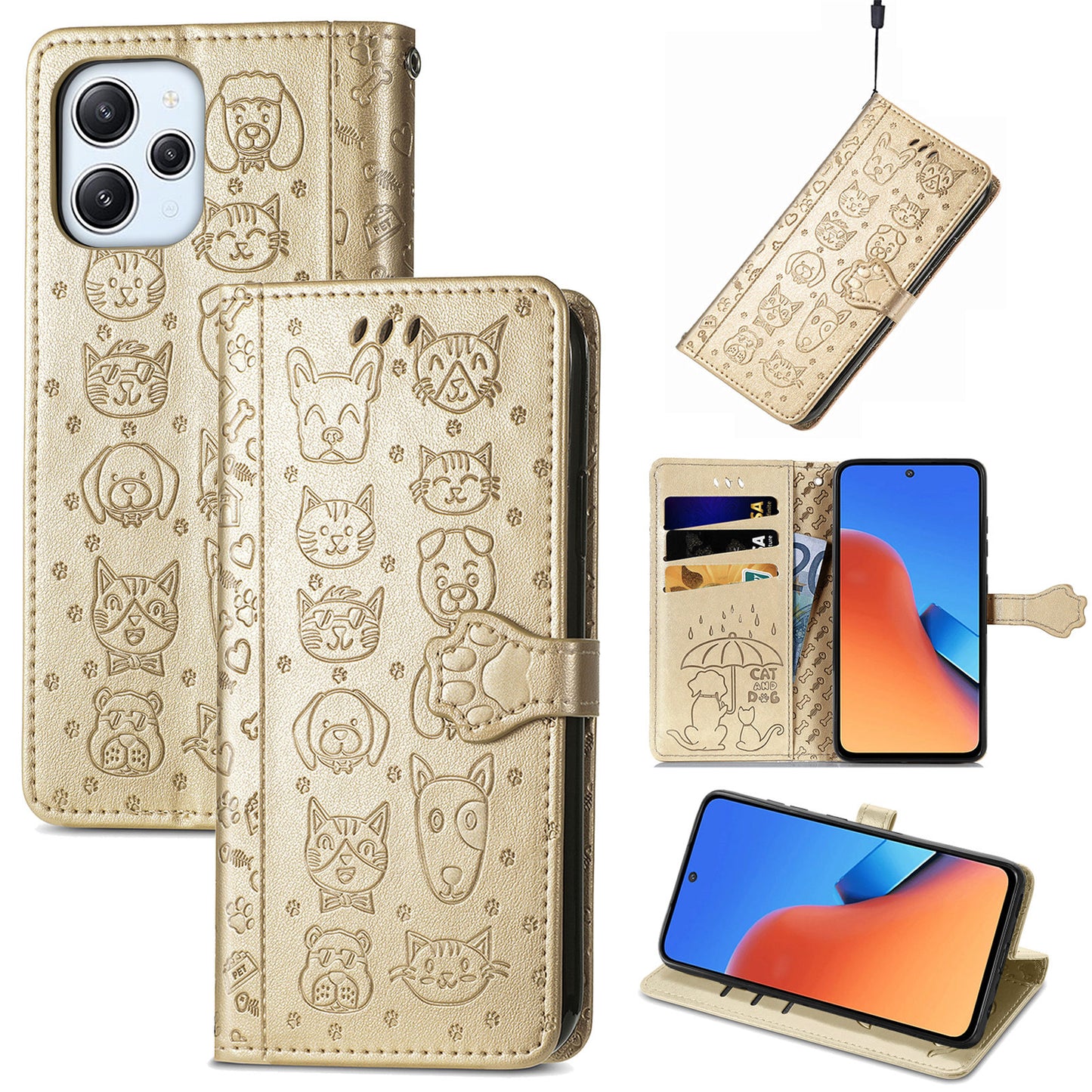 Uniqkart for Xiaomi Redmi 12 4G PU Leather Imprinted Cat Dog Case Flip Stand Wallet Phone Cover - Gold