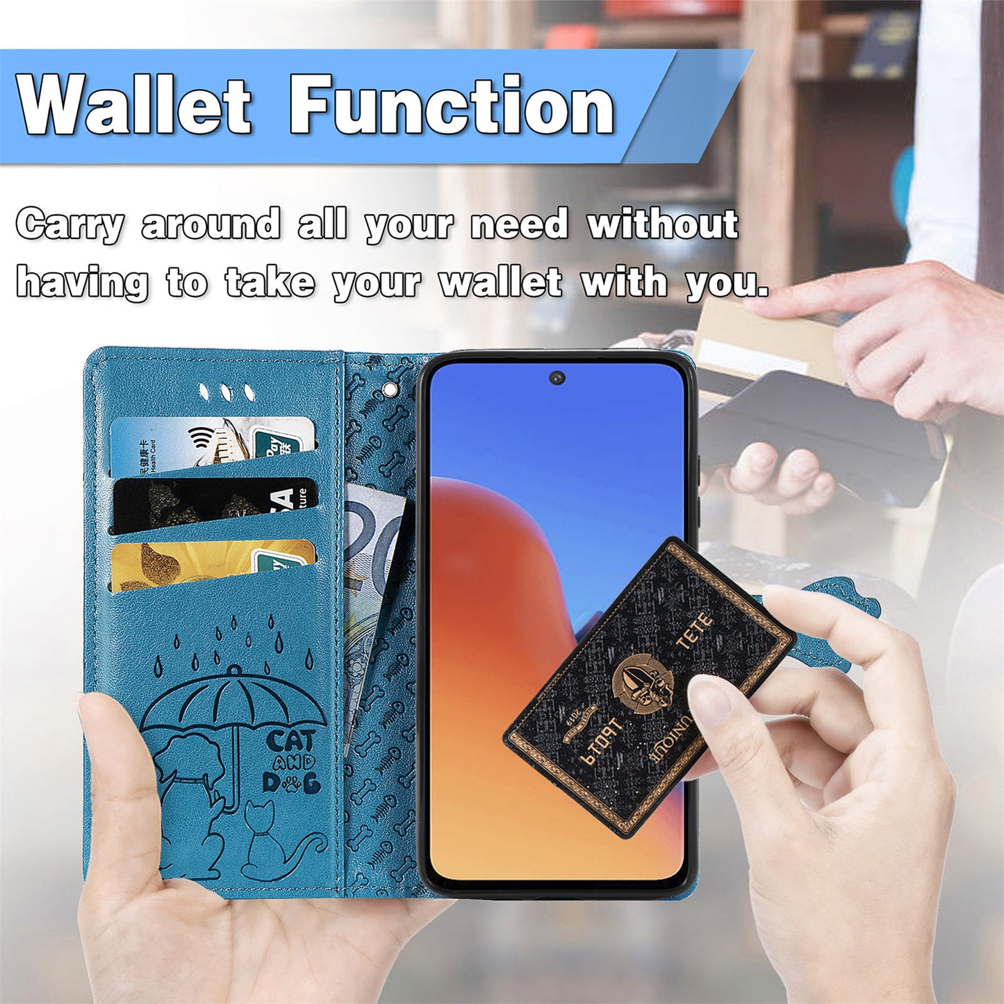 Uniqkart for Xiaomi Redmi 12 4G PU Leather Imprinted Cat Dog Case Flip Stand Wallet Phone Cover - Gold