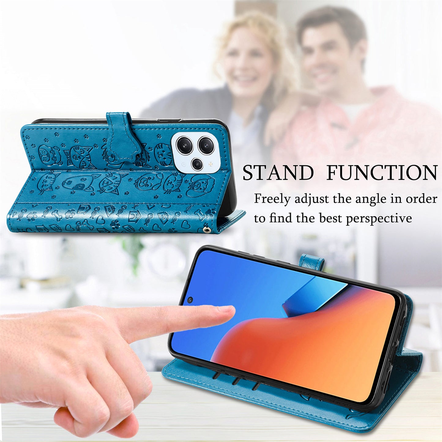 Uniqkart for Xiaomi Redmi 12 4G PU Leather Imprinted Cat Dog Case Flip Stand Wallet Phone Cover - Gold