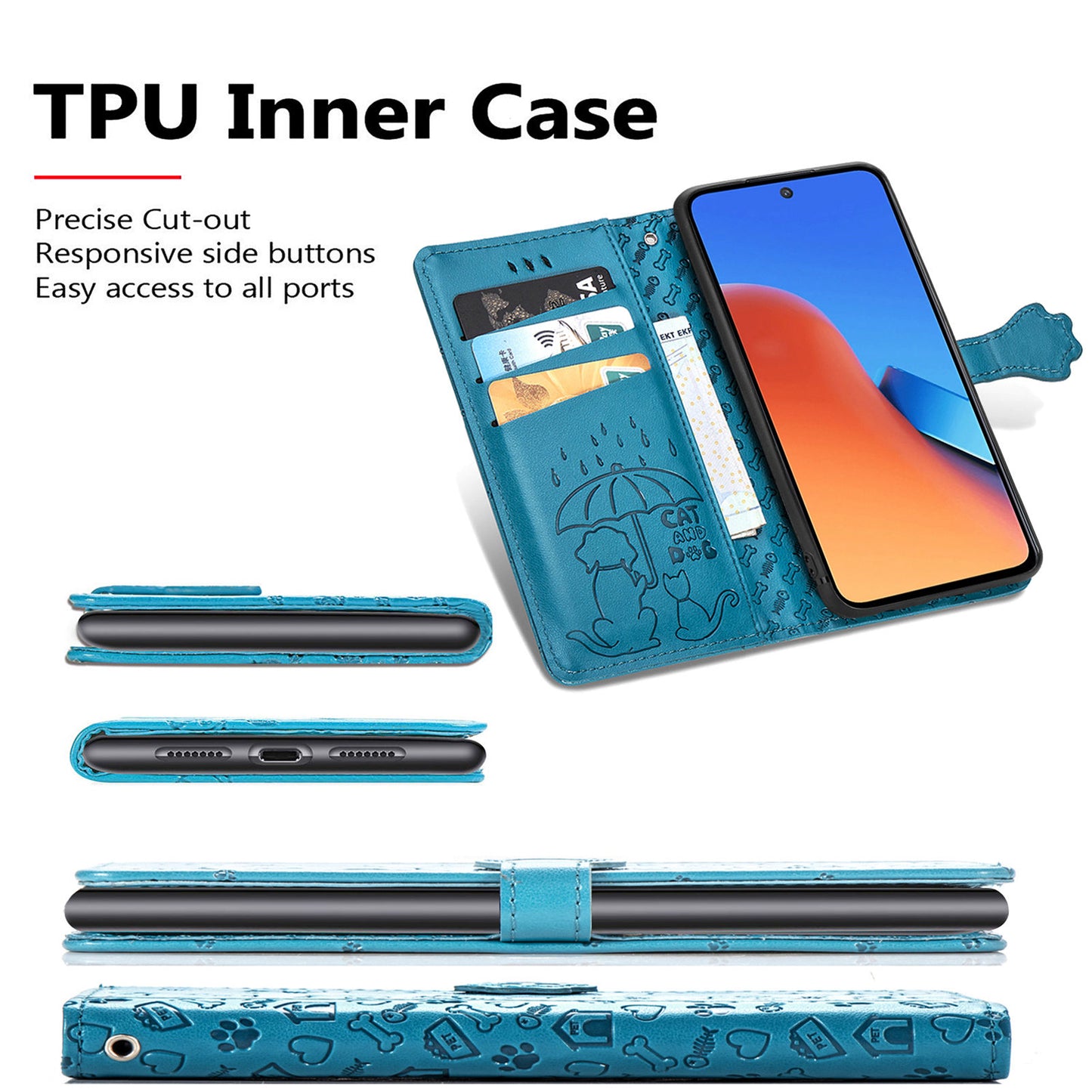Uniqkart for Xiaomi Redmi 12 4G PU Leather Imprinted Cat Dog Case Flip Stand Wallet Phone Cover - Gold