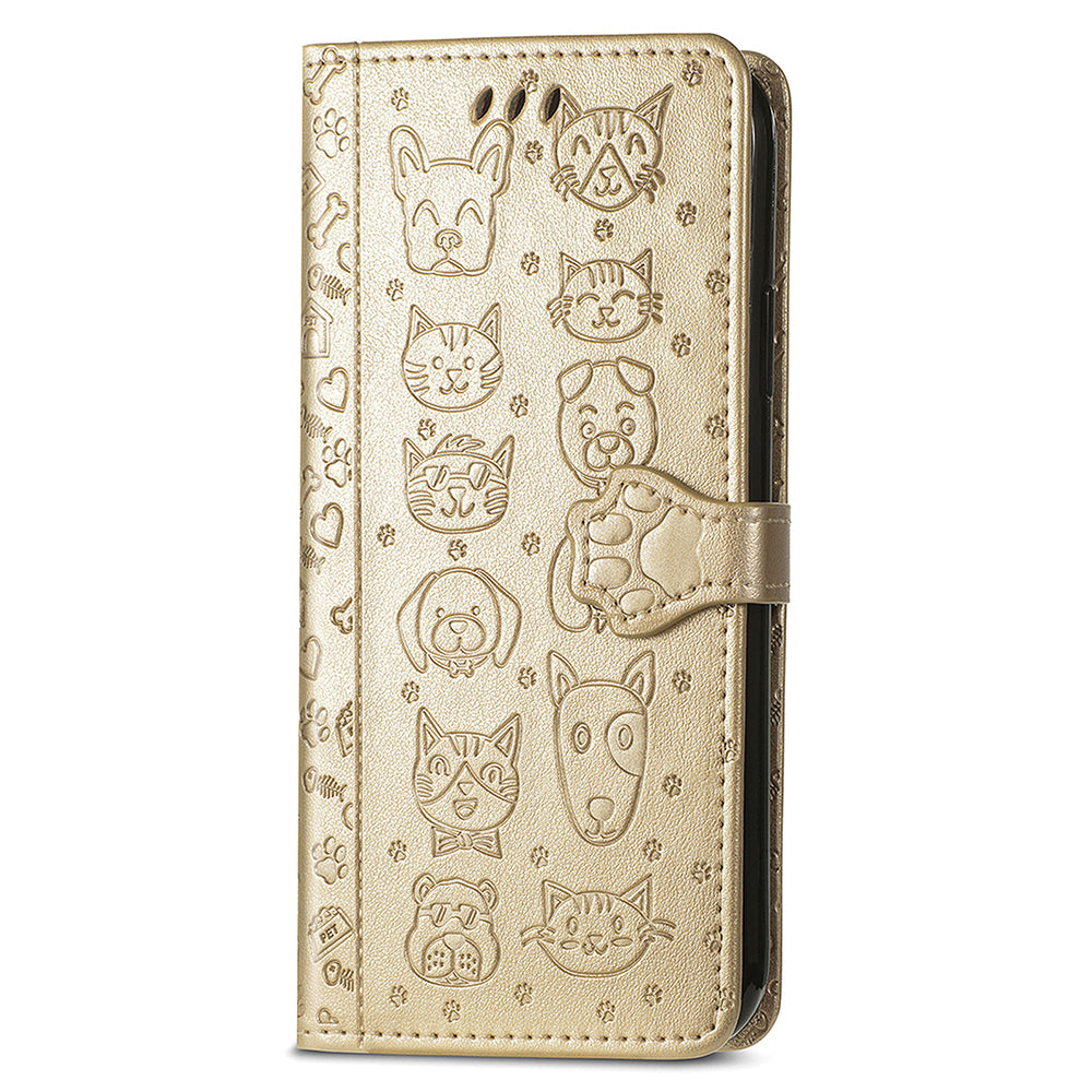 Uniqkart for Xiaomi Redmi 12 4G PU Leather Imprinted Cat Dog Case Flip Stand Wallet Phone Cover - Gold