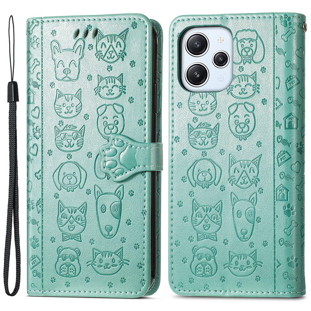 Uniqkart for Xiaomi Redmi 12 4G PU Leather Imprinted Cat Dog Case Flip Stand Wallet Phone Cover - Green