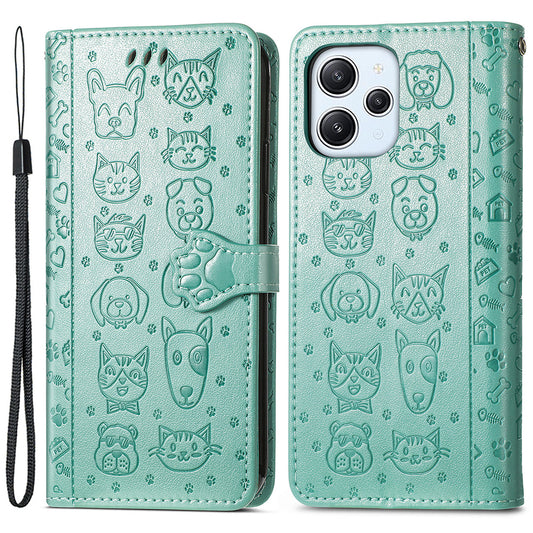 Uniqkart for Xiaomi Redmi 12 4G PU Leather Imprinted Cat Dog Case Flip Stand Wallet Phone Cover - Green