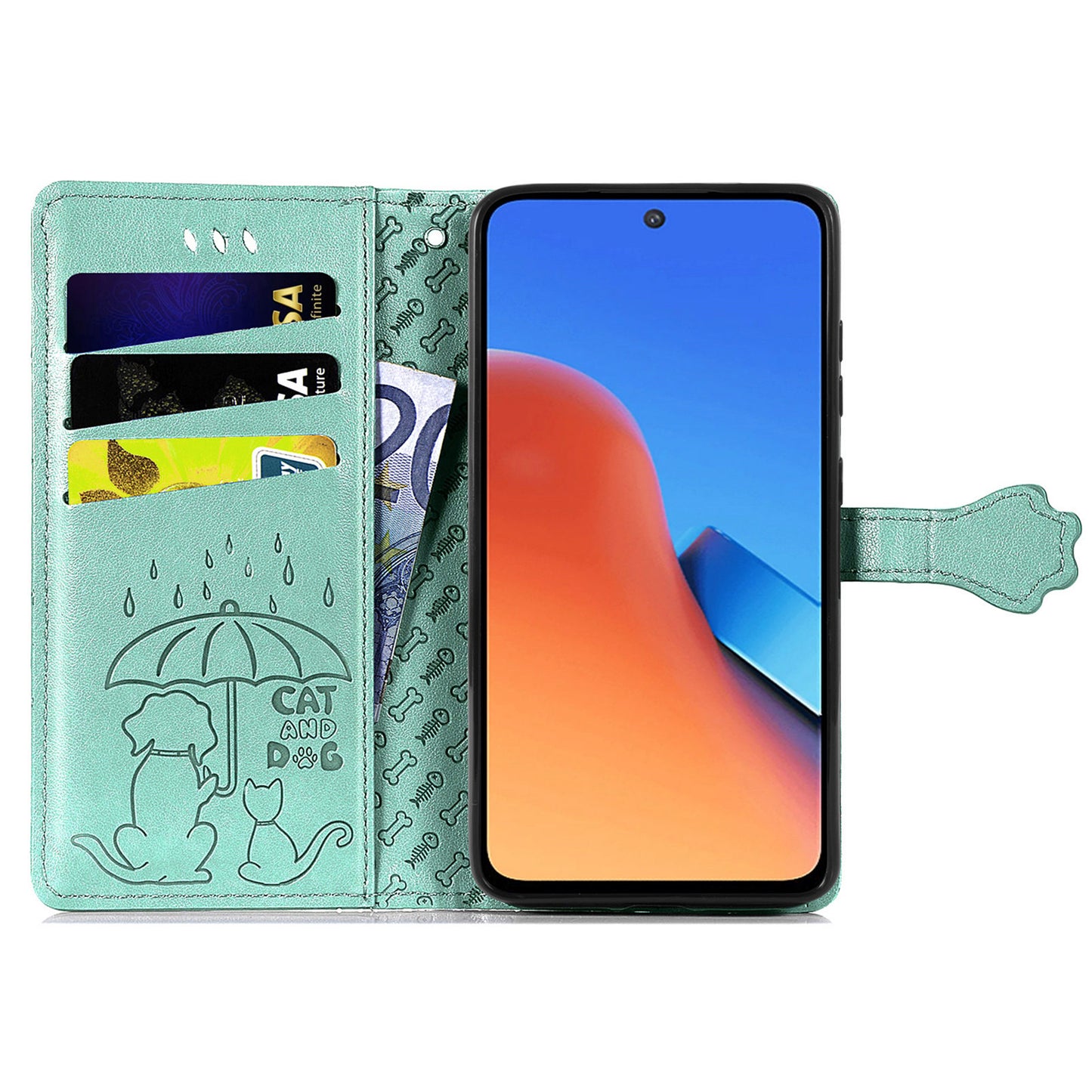 Uniqkart for Xiaomi Redmi 12 4G PU Leather Imprinted Cat Dog Case Flip Stand Wallet Phone Cover - Green