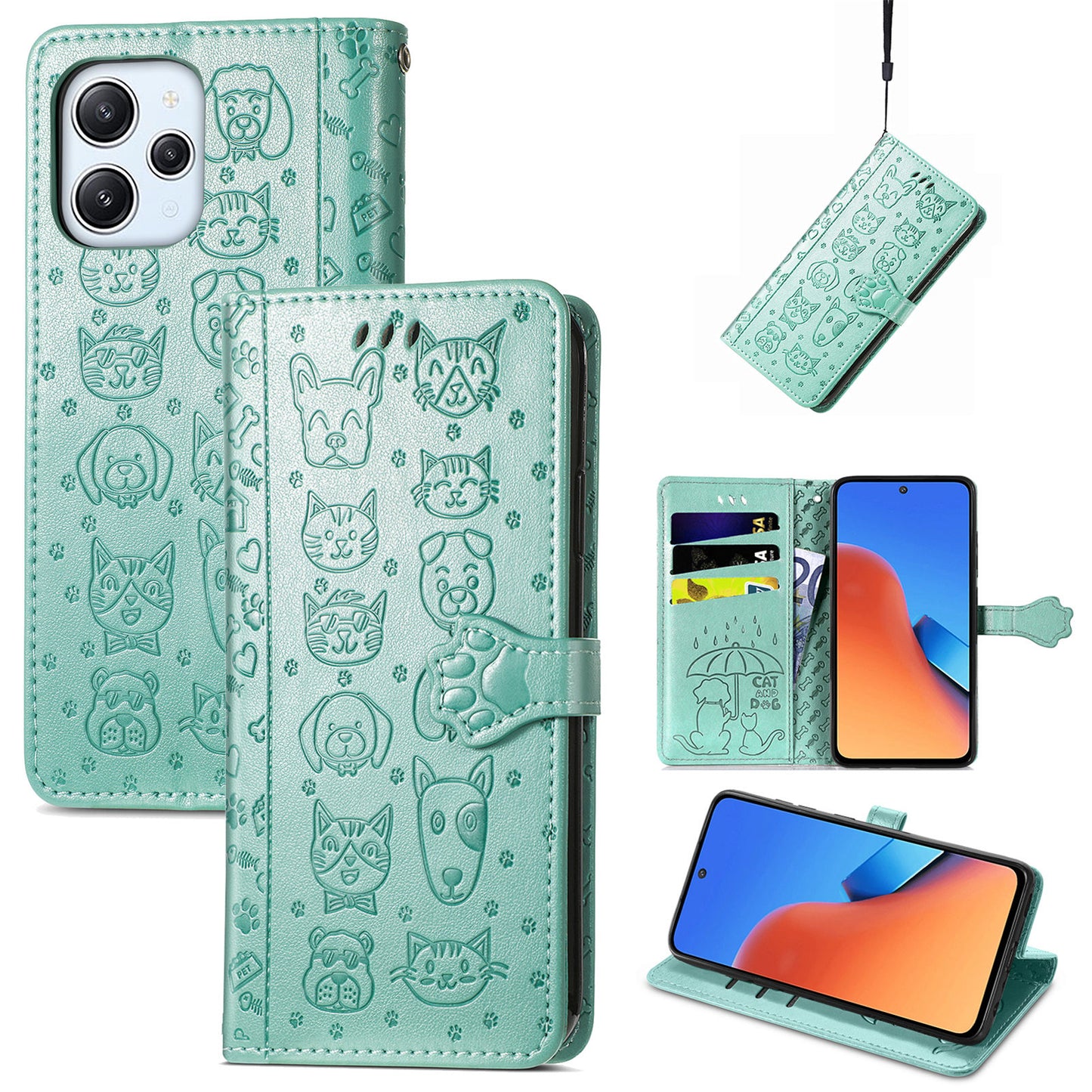 Uniqkart for Xiaomi Redmi 12 4G PU Leather Imprinted Cat Dog Case Flip Stand Wallet Phone Cover - Green