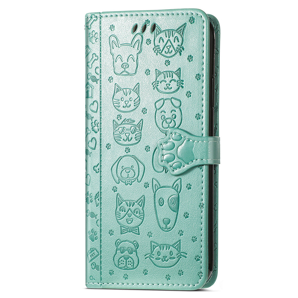 Uniqkart for Xiaomi Redmi 12 4G PU Leather Imprinted Cat Dog Case Flip Stand Wallet Phone Cover - Green