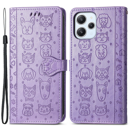 Uniqkart for Xiaomi Redmi 12 4G PU Leather Imprinted Cat Dog Case Flip Stand Wallet Phone Cover - Purple