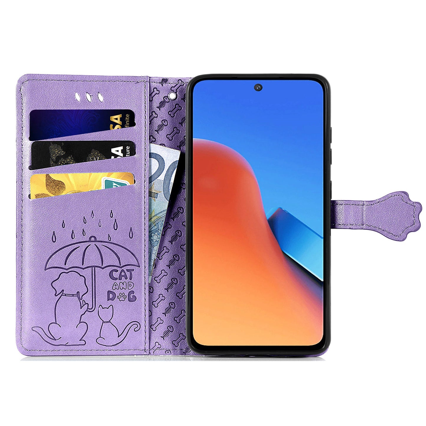 Uniqkart for Xiaomi Redmi 12 4G PU Leather Imprinted Cat Dog Case Flip Stand Wallet Phone Cover - Purple