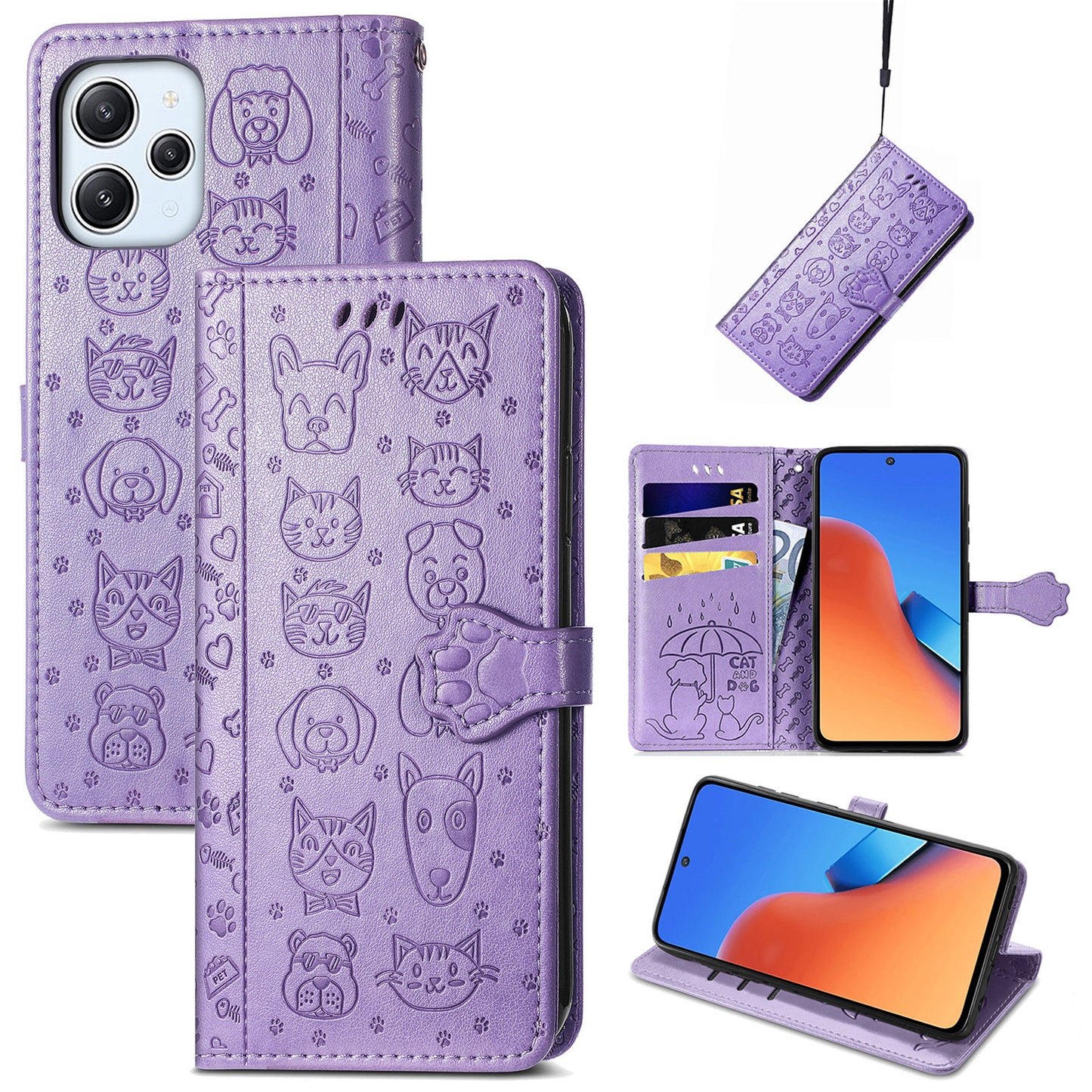 Uniqkart for Xiaomi Redmi 12 4G PU Leather Imprinted Cat Dog Case Flip Stand Wallet Phone Cover - Purple