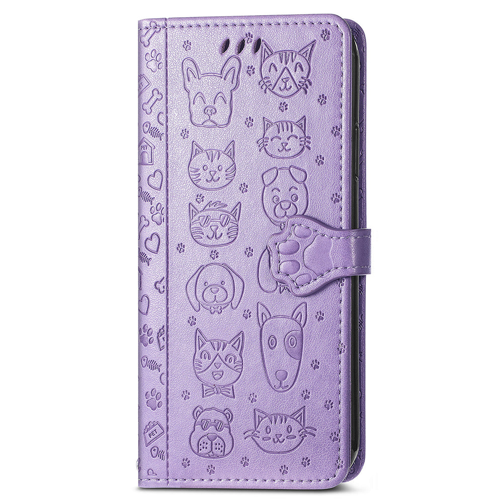 Uniqkart for Xiaomi Redmi 12 4G PU Leather Imprinted Cat Dog Case Flip Stand Wallet Phone Cover - Purple