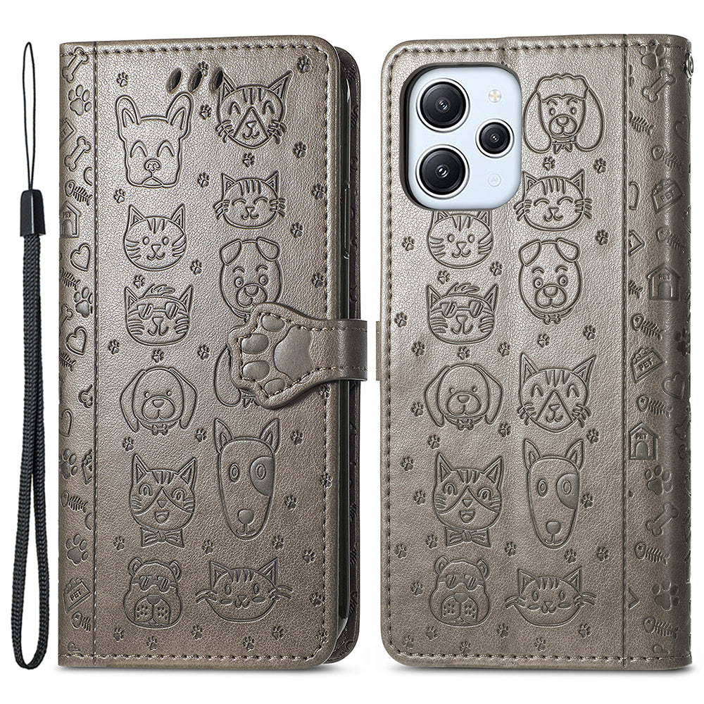 Uniqkart for Xiaomi Redmi 12 4G PU Leather Imprinted Cat Dog Case Flip Stand Wallet Phone Cover - Grey