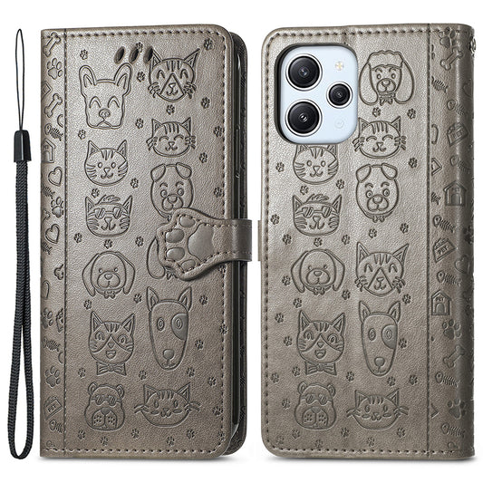 Uniqkart for Xiaomi Redmi 12 4G PU Leather Imprinted Cat Dog Case Flip Stand Wallet Phone Cover - Grey