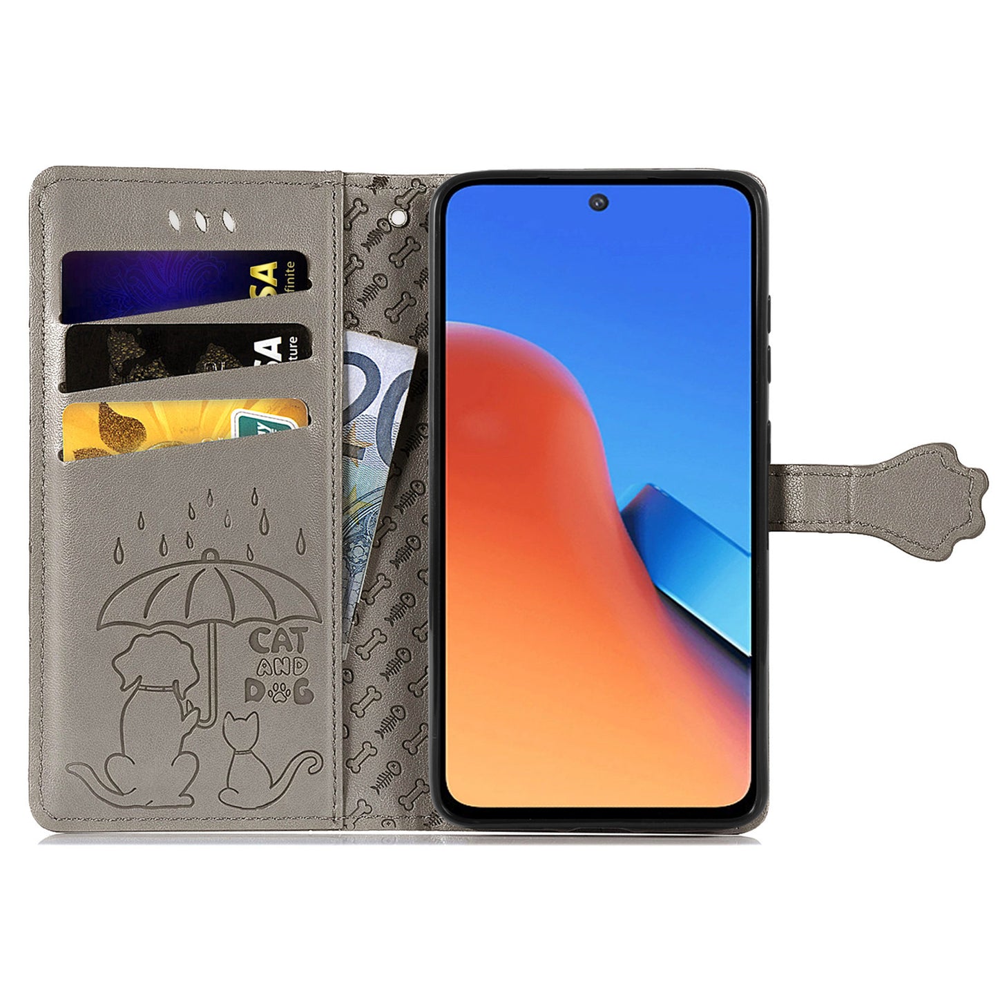 Uniqkart for Xiaomi Redmi 12 4G PU Leather Imprinted Cat Dog Case Flip Stand Wallet Phone Cover - Grey