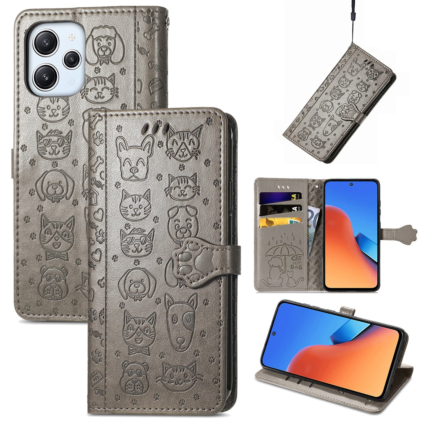 Uniqkart for Xiaomi Redmi 12 4G PU Leather Imprinted Cat Dog Case Flip Stand Wallet Phone Cover - Grey
