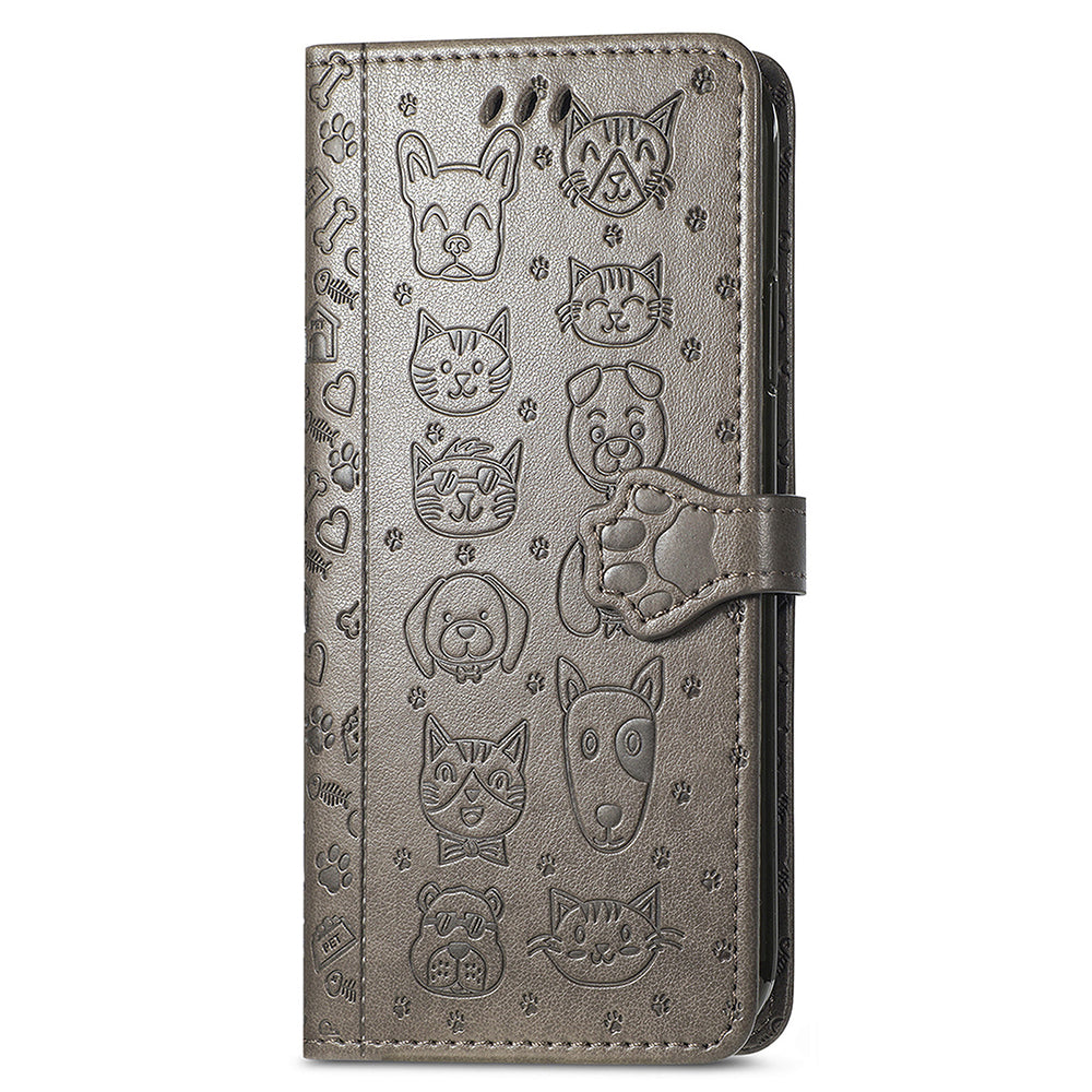 Uniqkart for Xiaomi Redmi 12 4G PU Leather Imprinted Cat Dog Case Flip Stand Wallet Phone Cover - Grey