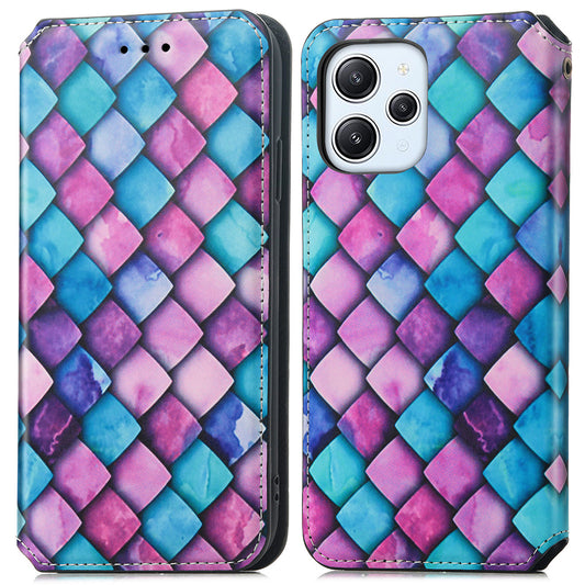 Caseneo 001 Series for Xiaomi Redmi 12 4G Pattern Printing Leather Case RFID Blocking Wallet Phone Cover - Purple Scale