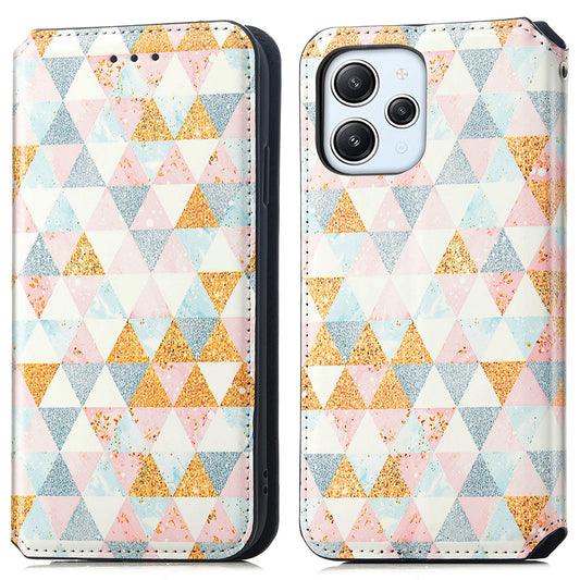 Caseneo 001 Series for Xiaomi Redmi 12 4G Pattern Printing Leather Case RFID Blocking Wallet Phone Cover - Rhombus