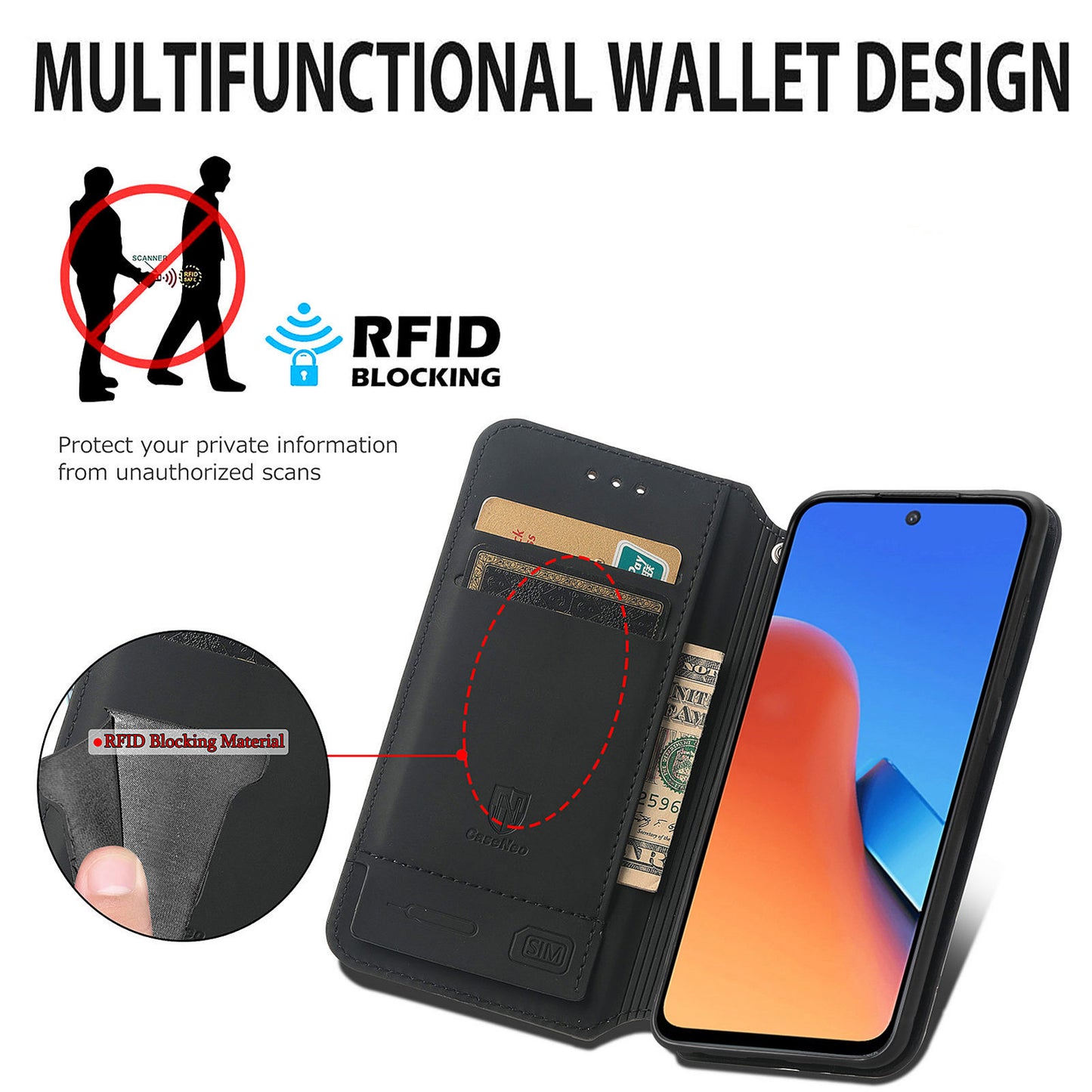 Caseneo 001 Series for Xiaomi Redmi 12 4G Pattern Printing Leather Case RFID Blocking Wallet Phone Cover - Rhombus